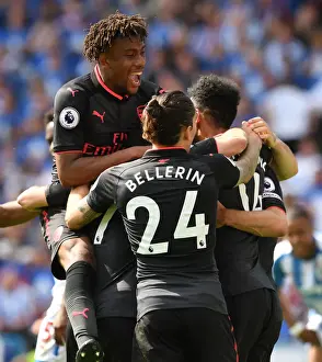 Huddersfield Town V Arsenal 2017-18 Prints: Arsenal's Aubameyang, Iwobi, and Bellerin Celebrate Goal Against Huddersfield Town