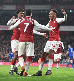 Arsenal V Everton 2017-18 Prints: Arsenal's Aubameyang, Iwobi, and Mkhitaryan Celebrate Goals Against Everton