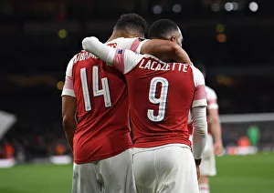 Arsenal V Valencia 2018-19 Prints: Arsenal's Aubameyang and Lacazette: Unstoppable Duo Celebrates Goals in Europa League Semi-Final vs Valencia