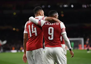 Arsenal V Valencia 2018-19 Prints: Arsenal's Aubameyang and Lacazette: Unstoppable Duo Celebrates Europa League Semi-Final Goals vs Valencia