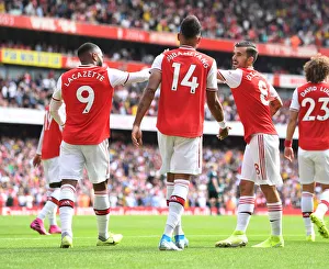 Arsenal's Aubameyang, Lacazette, and Ceballos Celebrate Goals Against Burnley (2019-20)