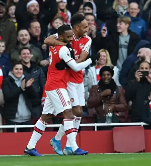 Arsenal V Chelsea 2019-20 Prints: Arsenal's Aubameyang and Lacazette Celebrate Goal Against Chelsea in Premier League Clash
