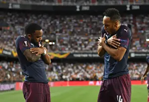 Arsenal's Aubameyang and Lacazette Celebrate Goal in Europa League Semi-Final vs Valencia