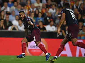 Valencia CF V Arsenal 2018-19 Prints: Arsenal's Aubameyang and Lacazette Celebrate Goal in Europa League Semi-Final vs Valencia