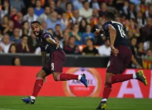 Valencia CF V Arsenal 2018-19 Prints: Arsenal's Aubameyang and Lacazette Celebrate Goal in Europa League Semi-Final vs Valencia