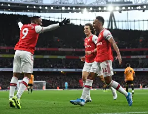 Arsenal's Aubameyang and Lacazette Celebrate Goal Against Wolverhampton Wanderers, Premier League 2019-20