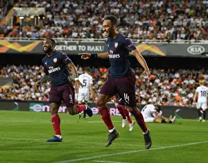 Valencia CF V Arsenal 2018-19 Prints: Arsenal's Aubameyang and Lacazette Celebrate Goals in Europa League Semi-Final against Valencia