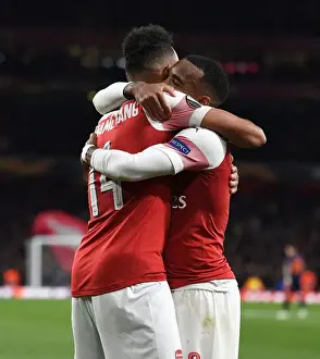 Arsenal V Valencia 2018-19 Prints: Arsenal's Aubameyang and Lacazette Celebrate Goals in Europa League Semi-Final vs Valencia