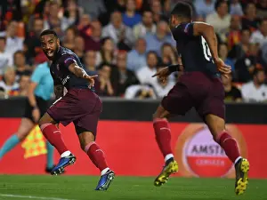 Valencia CF V Arsenal 2018-19 Prints: Arsenal's Aubameyang and Lacazette: Celebrating a Goal in the Europa League Semi-Final against Valencia (2018-19)