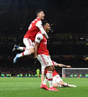 Arsenal's Aubameyang and Martinelli Celebrate Goal vs Olympiacos in Europa League