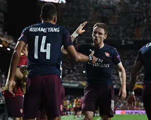 Valencia CF V Arsenal 2018-19 Prints: Arsenal's Aubameyang and Monreal Celebrate Goal in Europa League Semi-Final vs Valencia