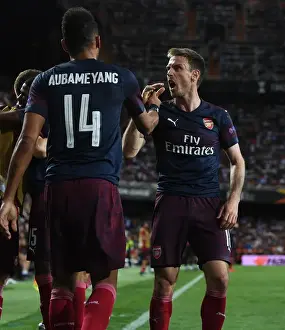 Valencia CF V Arsenal 2018-19 Prints: Arsenal's Aubameyang and Monreal Celebrate Goal in Europa League Semi-Final vs Valencia