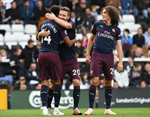Fulham V Arsenal 2018-19 Prints: Arsenal's Aubameyang, Mustafi, and Guendouzi Celebrate Fifth Goal vs. Fulham (2018-19)