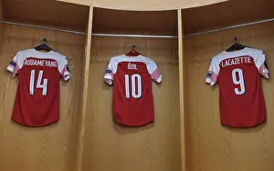 Arsenal's Aubameyang, Ozil, and Lacazette: Pre-Match Uniforms in the Changing Room (Arsenal v Valencia, UEFA Europa League Semi-Final, 2018-19)