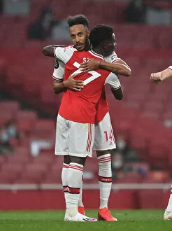 Arsenal v Leicester City 2019-20 Collection: Arsenal's Aubameyang and Saka Celebrate Goal Against Leicester City (2019-20)