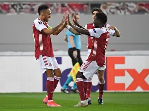 Arsenal's Aubameyang and Saka Celebrate Goal in Europa League Clash vs SL Benfica