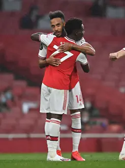 Arsenal V Leicester City 2019-20 Prints: Arsenal's Aubameyang and Saka Celebrate Goal Against Leicester City (2019-20)