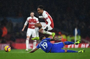 Images Dated 29th January 2019: Arsenal's Aubameyang Scores Past Cardiff's Mendez-Laing in Premier League Clash