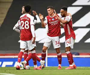 Arsenal's Aubameyang, Willock, and Xhaka Celebrate Goals Against Watford (2019-20)