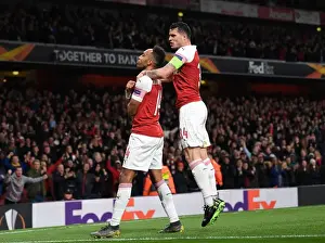 Arsenal V Valencia 2018-19 Prints: Arsenal's Aubameyang and Xhaka Celebrate Goals in Europa League Semi-Final vs Valencia