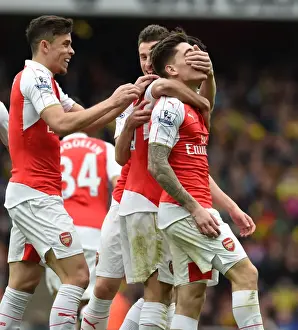 Arsenal V Watford 2015-16 Prints: Arsenal's Bellerin and Gabriel: Celebrating a Goal Against Watford (2015-16)