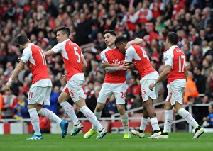 Arsenal's Bellerin and Iwobi Celebrate Goal Against Watford, Premier League 2015-16