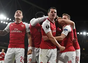 Arsenal V Atletico Madrid 2017-18 Prints: Arsenal's Bellerin and Xhaka Celebrate Goal Against Atletico Madrid in Europa League Semi-Final