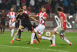 Red Star Belgrade V Arsenal 2017-18 Prints: Arsenal's Ben Sheaf Clashes with Filip Stojkovic and Srdan Babic of Red Star Belgrade in Europa League Match