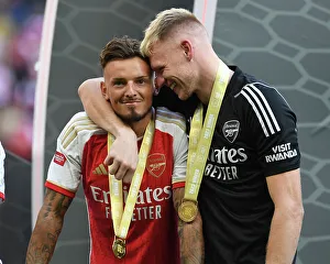 Arsenal's Ben White and Aaron Ramsdale Celebrate at FA Community Shield Final vs Manchester City, 2023-24