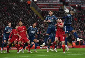 Liverpool V Arsenal Carabao Cup 21-22 Prints: Arsenal's Ben White Braves Heading Duel in Carabao Cup Semi-Final Clash vs. Liverpool