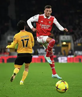 Wolverhampton Wanderers V Arsenal 2022-23 Prints: Arsenal's Ben White Fends Off Wolves Goncalo Guedes Pressure in Premier League Clash