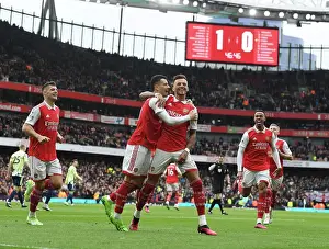 Arsenal V Leeds United 2022-23 Prints: Arsenal's Ben White and Granit Xhaka Celebrate with Gabriel Martinelli: Arsenal FC vs Leeds United