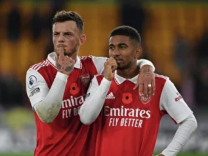 Arsenal's Ben White and Reiss Nelson: Celebrating Victory Over Wolverhampton Wanderers in the 2022-23 Premier League
