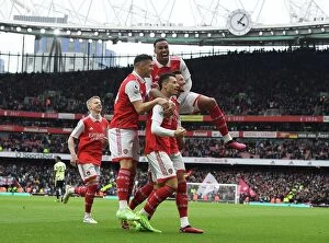 Images Dated 1st April 2023: Arsenal's Ben White Scores and Celebrates with Team against Leeds United in the Premier League