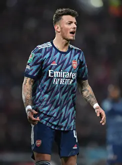 Liverpool V Arsenal Carabao Cup 21-22 Prints: Arsenal's Ben White Stares Down Liverpool in Carabao Cup Semi-Final Clash