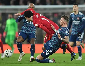 Liverpool V Arsenal Carabao Cup 21-22 Prints: Arsenal's Ben White Tackles Curtis Jones in Carabao Cup Semi-Final Clash Against Liverpool