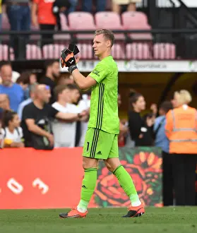 Arsenal's Bernd Leno Celebrates with Fans: Victory over Watford (2019-20)