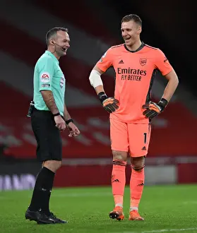 Arsenal V Southampton 2020-21 Prints: Arsenal's Bernd Leno Shares a Light-Hearted Moment with Referee Paul Tierney During Arsenal v Southampton Match