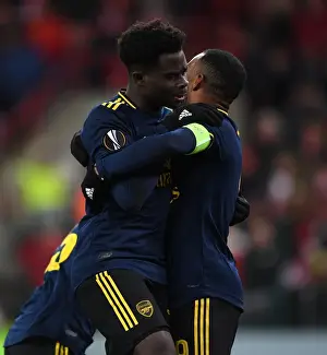 Standard Liege V Arsenal 2019-20 Prints: Arsenal's Bukayo Saka and Alexandre Lacazette Celebrate Goals in Standard Liege Victory