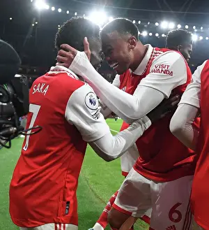 Arsenal's Bukayo Saka and Gabriel Celebrate Goals Against Manchester United in 2022-23 Premier League