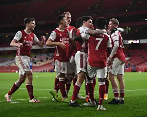 Arsenal's Bukayo Saka and Hector Bellerin Celebrate Goal During Arsenal v Chelsea Warm-Up (2020-21)