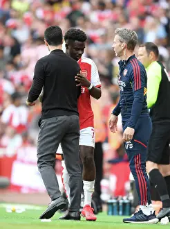 Arsenal V Wolverhampton Wanderers 2022-23 Prints: Arsenal's Bukayo Saka Interacts with Mikel Arteta after Substitution vs