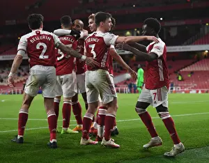 Arsenal's Bukayo Saka and Kieran Tierney Celebrate Goal During Arsenal v Chelsea Warm-Up (2020-21)