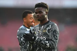 Arsenal's Bukayo Saka Warming Up: Arsenal FC vs. Wolverhampton Wanderers, Premier League 2023-24