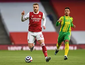 Arsenal V West Bromwich Albion 2020-21 Prints: Arsenal's Calum Chambers in Action at Emptied-Out Emirates Stadium vs