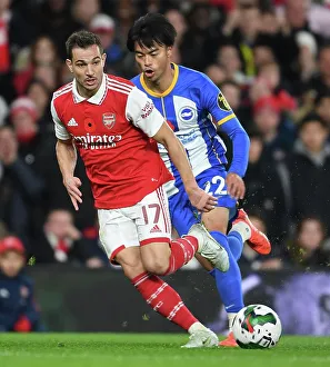 Arsenal V Brighton And Hove Albion - Carabao Cup 2022-23 Prints: Arsenal's Cedric Outruns Brighton's Mitoma in Carabao Cup Clash