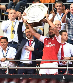 Images Dated 6th August 2017: Arsenal's Chambers and Giroud Celebrate FA Community Shield Victory over Chelsea
