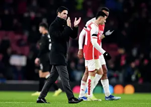 Arsenal V RC Lens 2023-24 Prints: Arsenal's Champions League Victory: Mikel Arteta and Ecstatic Fans Celebrate at Emirates Stadium (2023-24)
