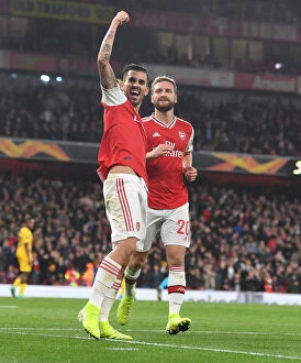 Images Dated 3rd October 2019: Arsenal's Dani Ceballos and Shkodran Mustafi Celebrate Goals Against Standard Liege in Europa