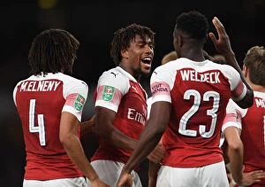 Images Dated 26th September 2018: Arsenal's Danny Welbeck and Alex Iwobi Celebrate Goal in Carabao Cup Win Against Brentford